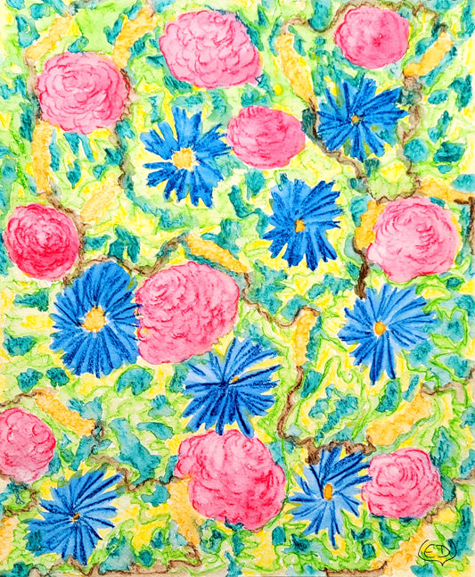 Fleurs roses et bleues, dessin aquarellé contemporain, Eveline David-Valette