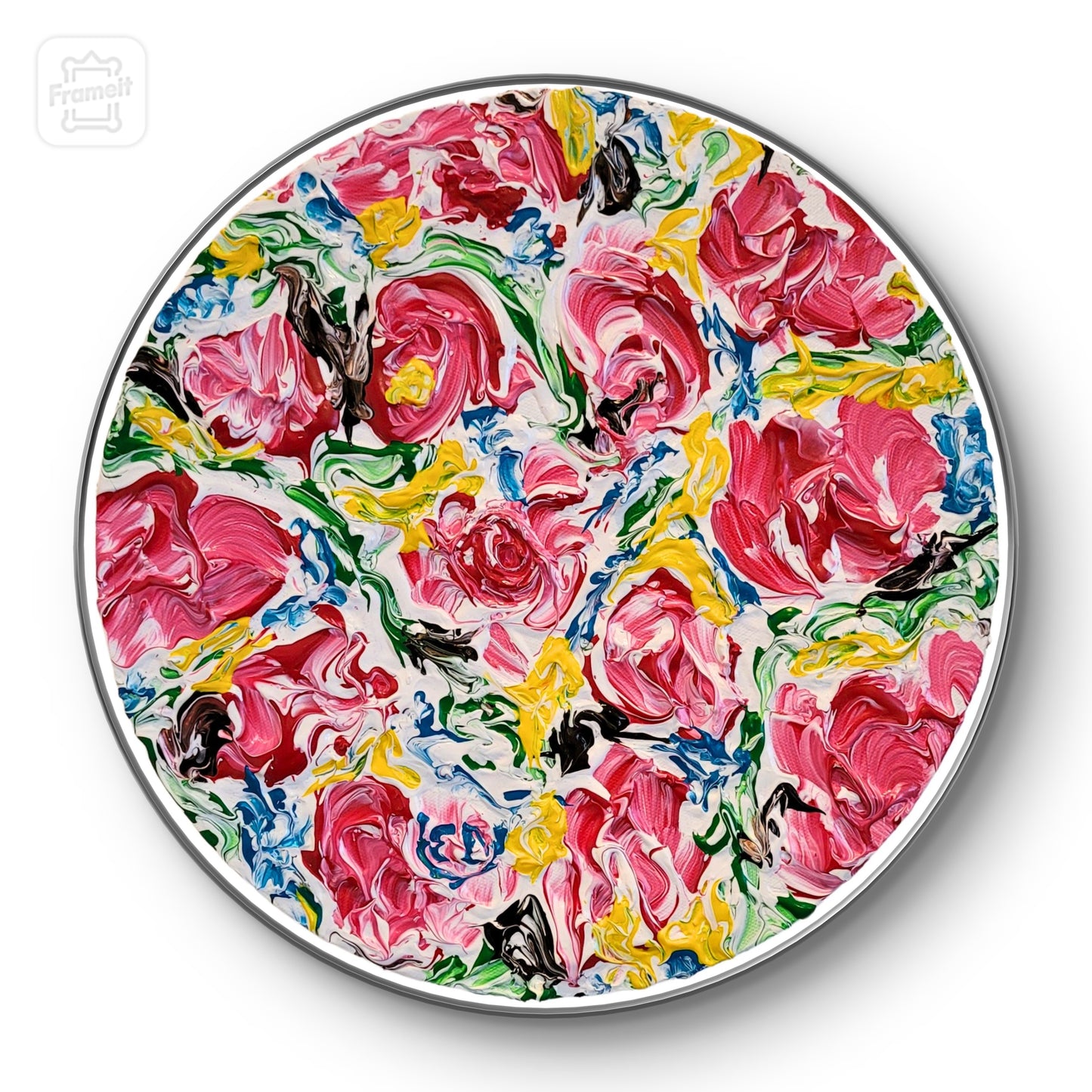 Roses n°3, format rond, diamètre 30 cm, peinture contemporaine, Eveline David-Valette