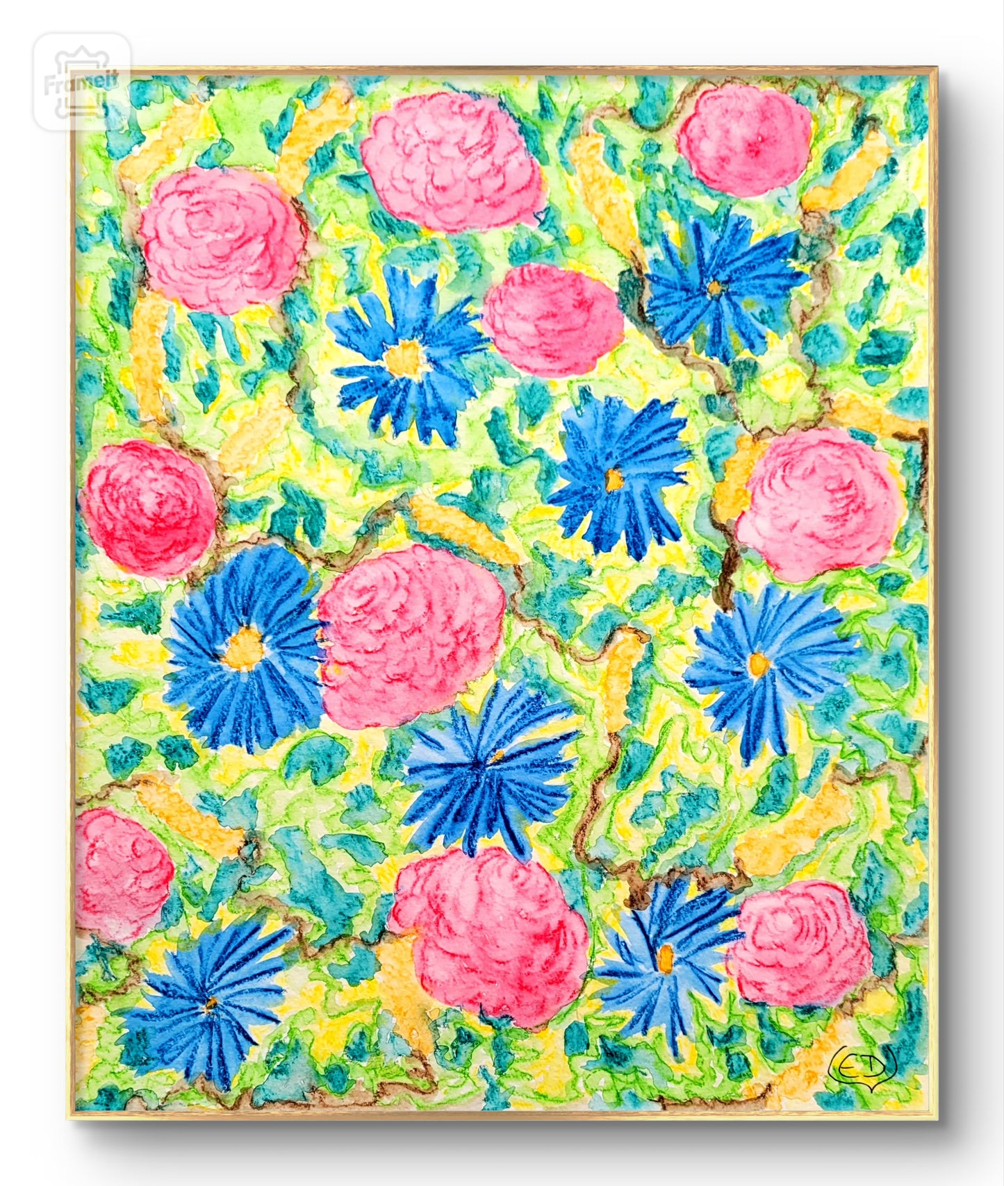 Fleurs roses et bleues, dessin aquarellé contemporain, Eveline David-Valette