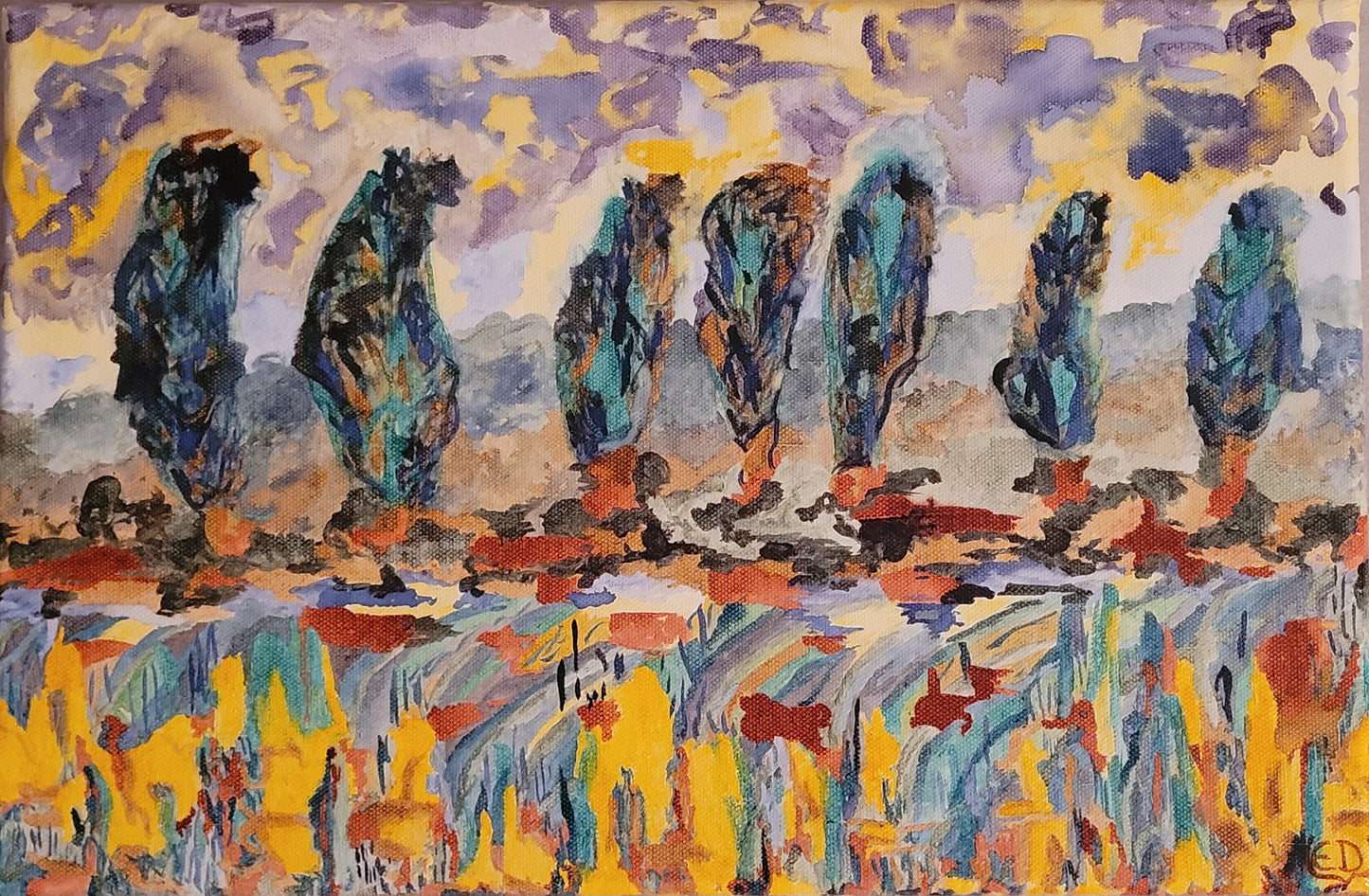 Peupliers dans le vent en Normandie, encre sur châssis toilé, Eveline David-Valette