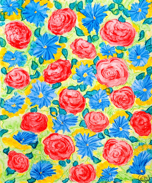 Roses rouges et fleurs bleues, dessin aquarellé contemporain, Eveline David-Valette