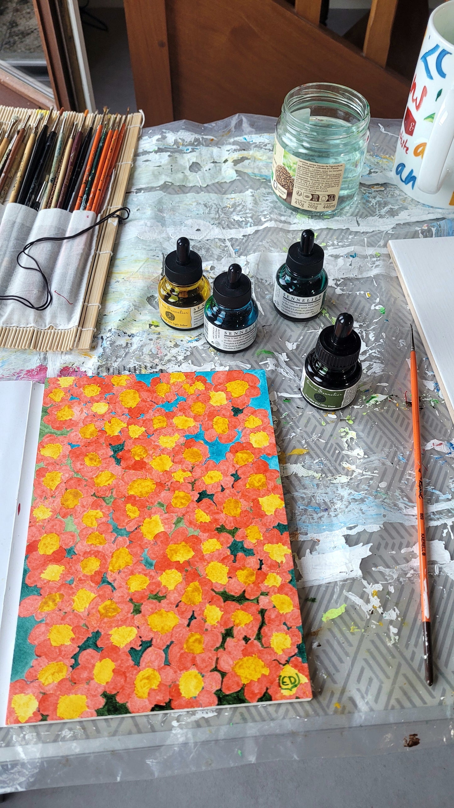 Profusion de fleurs entre ciel et terre, encre à base de gomme laque sur papier aquarelle, Eveline David-Valette