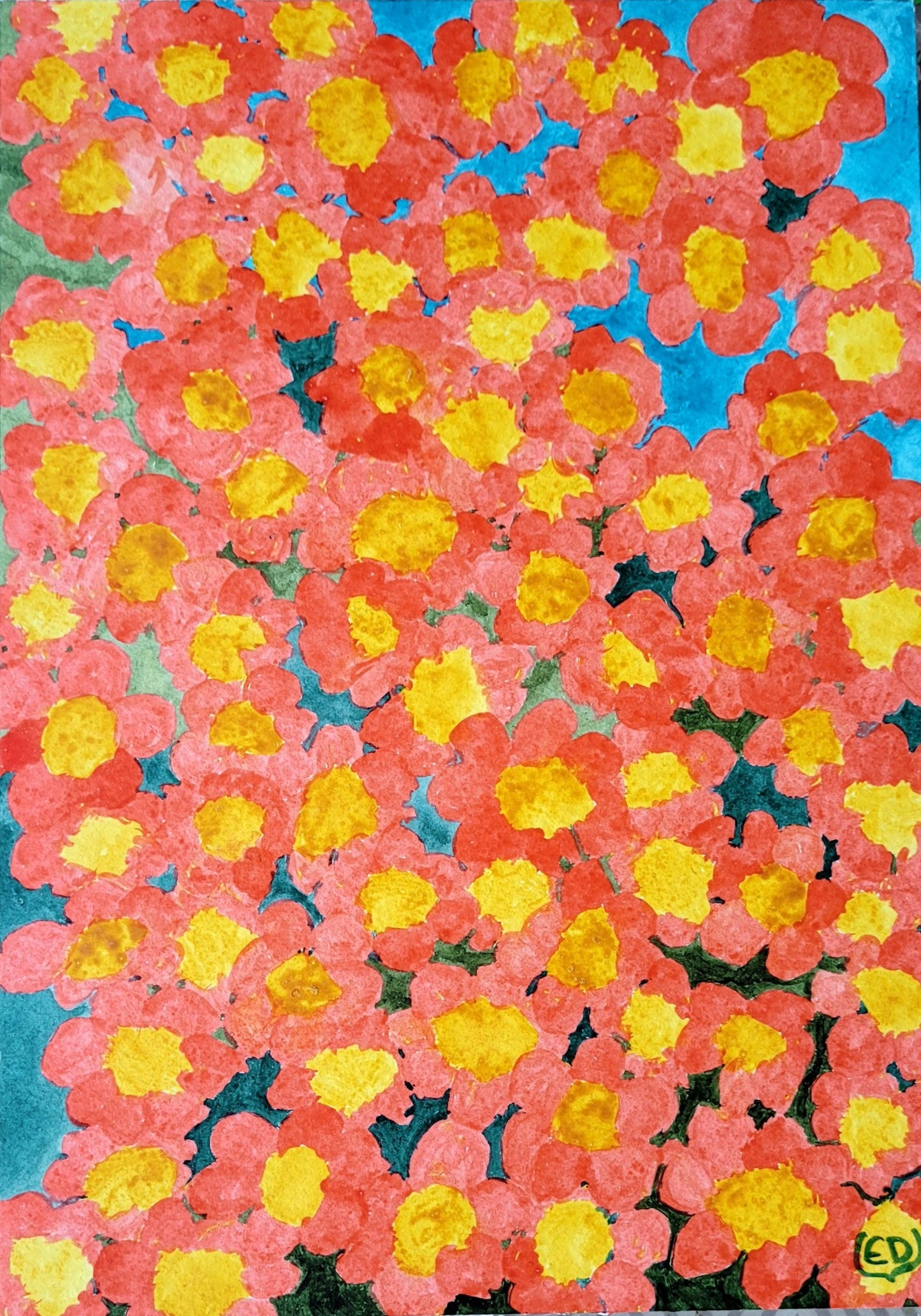 Profusion de fleurs entre ciel et terre, encre à base de gomme laque sur papier aquarelle, Eveline David-Valette