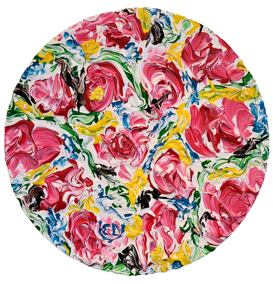 Roses n°3, format rond, diamètre 30 cm, peinture contemporaine, Eveline David-Valette