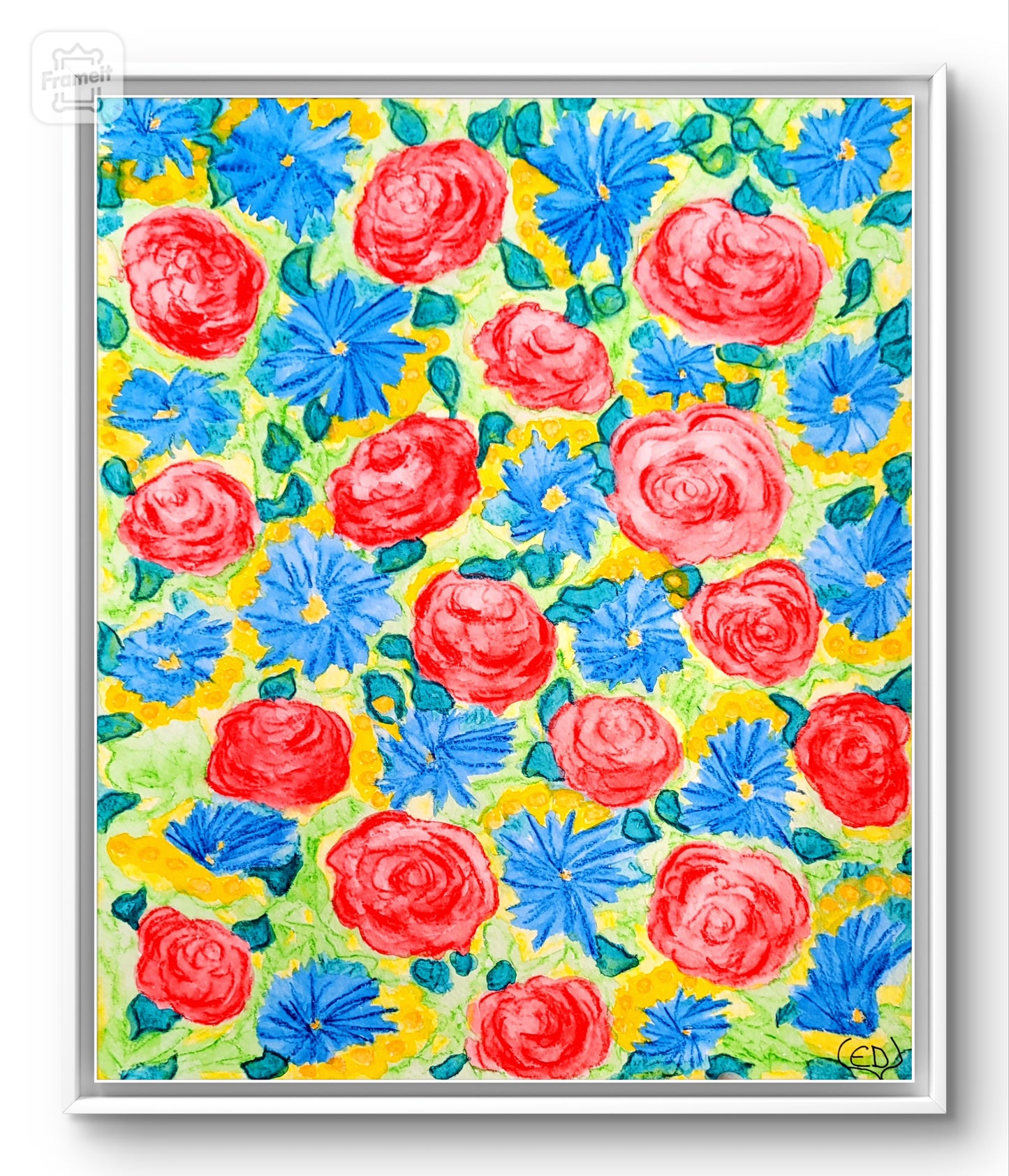 Roses rouges et fleurs bleues, dessin aquarellé contemporain, Eveline David-Valette